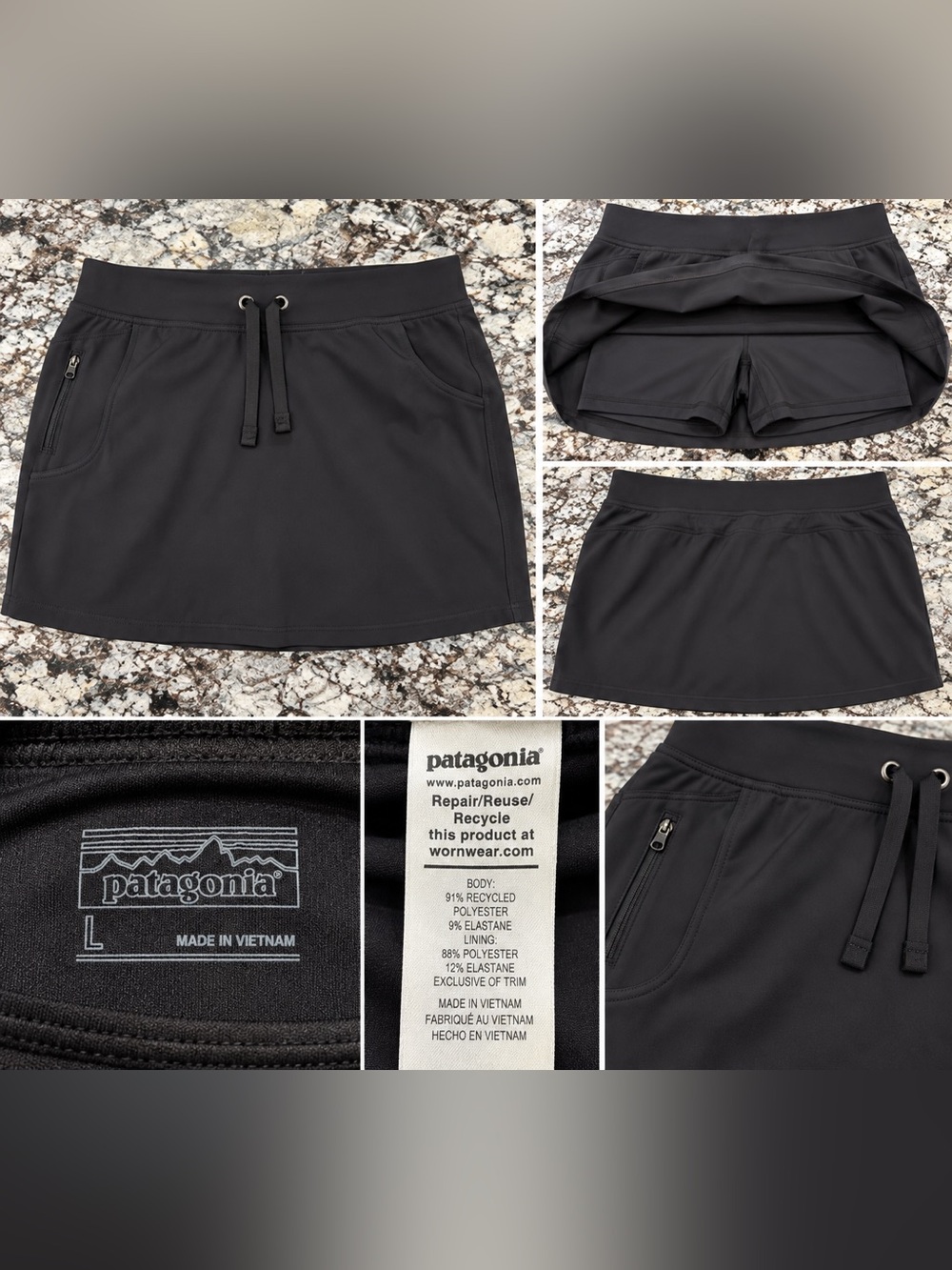 Patagonia Women’s Black Active Skort Size L Built-In Shorts Zip Pockets